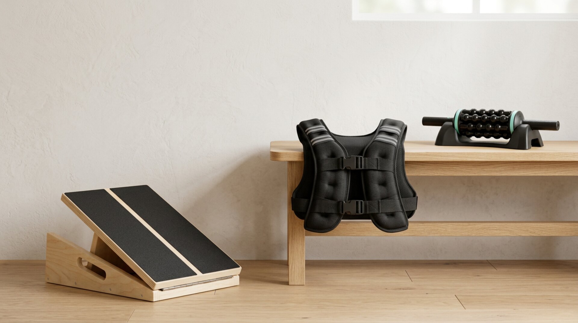 Miravae incline board, weighted vest and pulse roller in a home training space